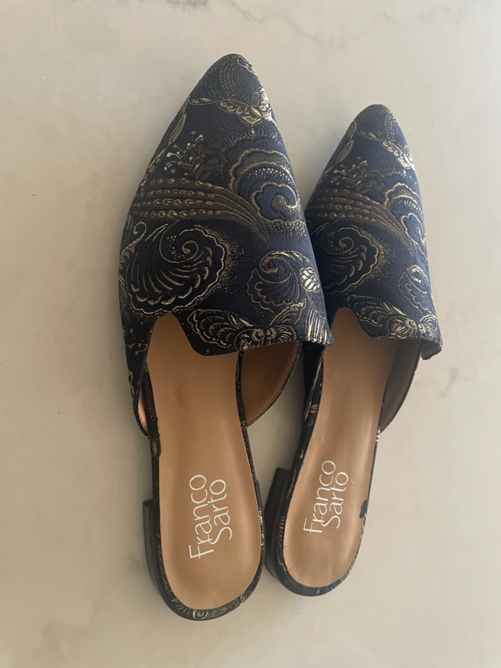 Franco Sarto Black and Gold Paisley Embroidered Slip-On Mules - Picture 4 of 5